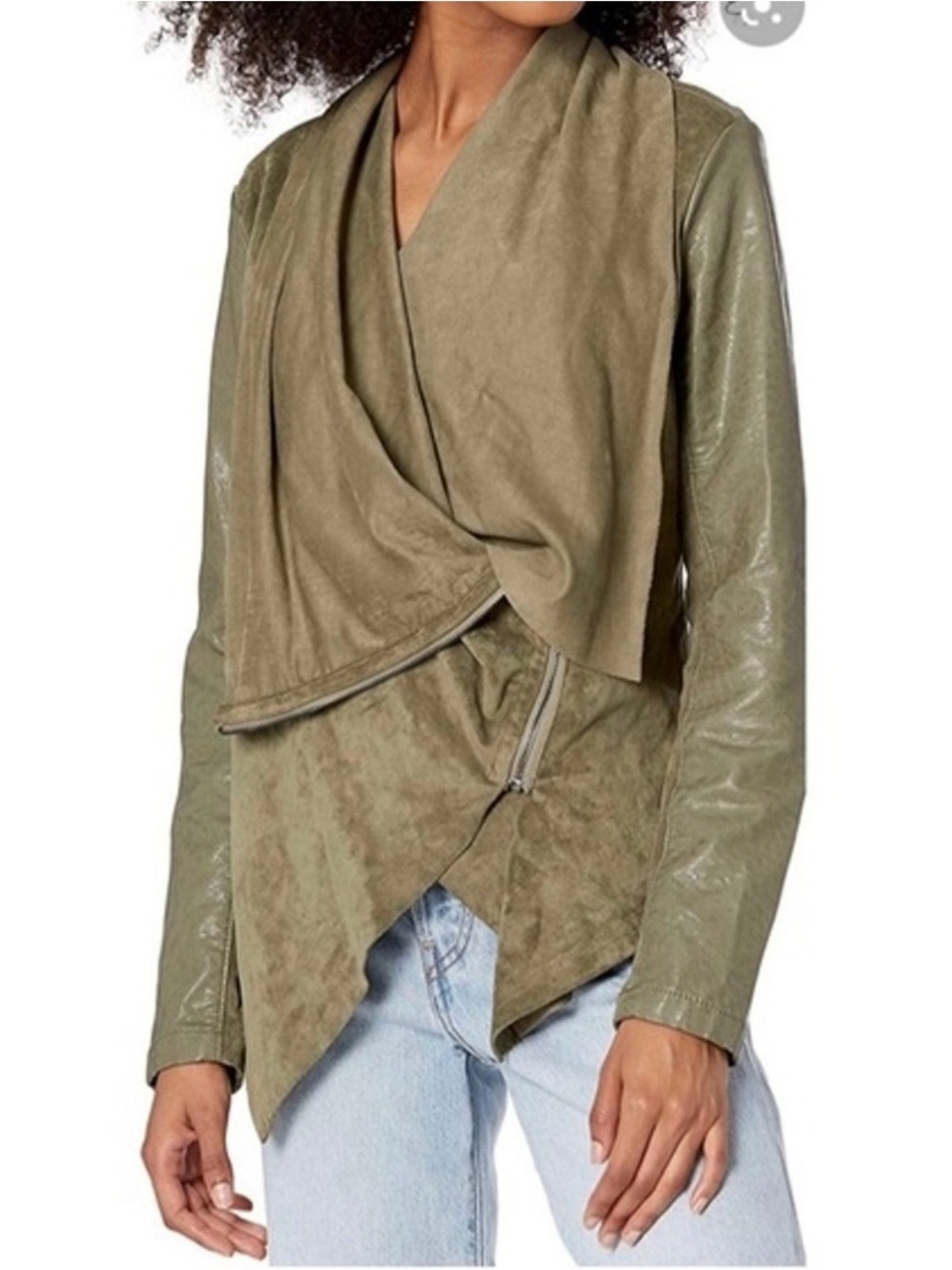 BlankNYC Olive Faux Vegan Suede Leather-Look Draped Moto Jacket XS